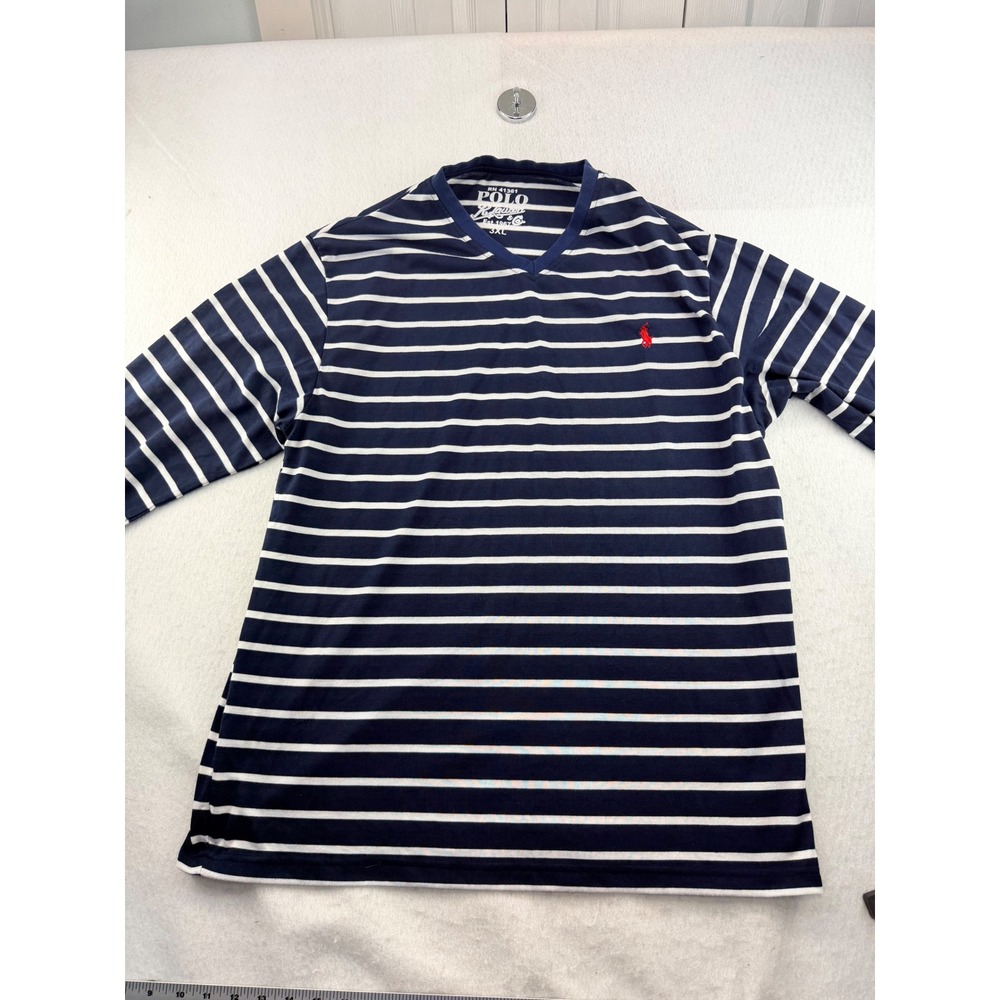 Polo Ralph Lauren Mens 3XL V-Neck Long Sleeve Striped T-Shirt Navy Blue White